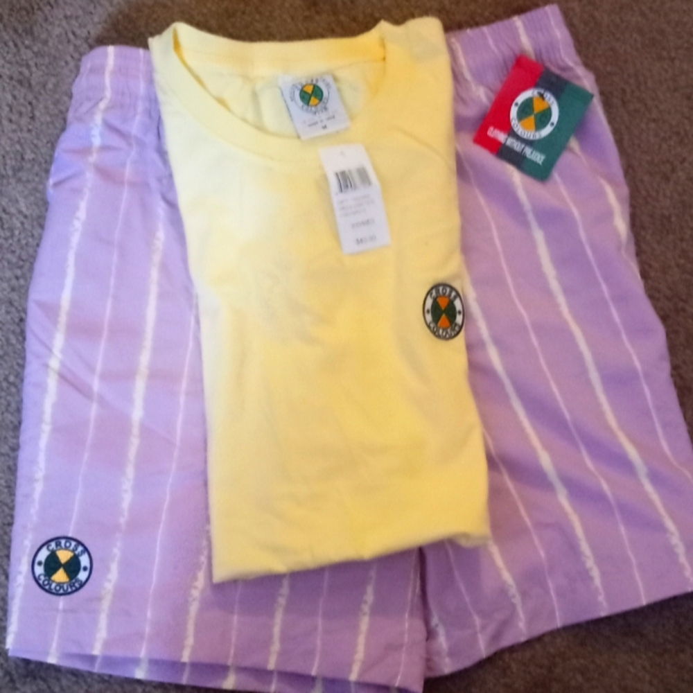 Cross Colours Yellow T-Shirt With Purple Striped Crew Neck Short Sleeve Shirt